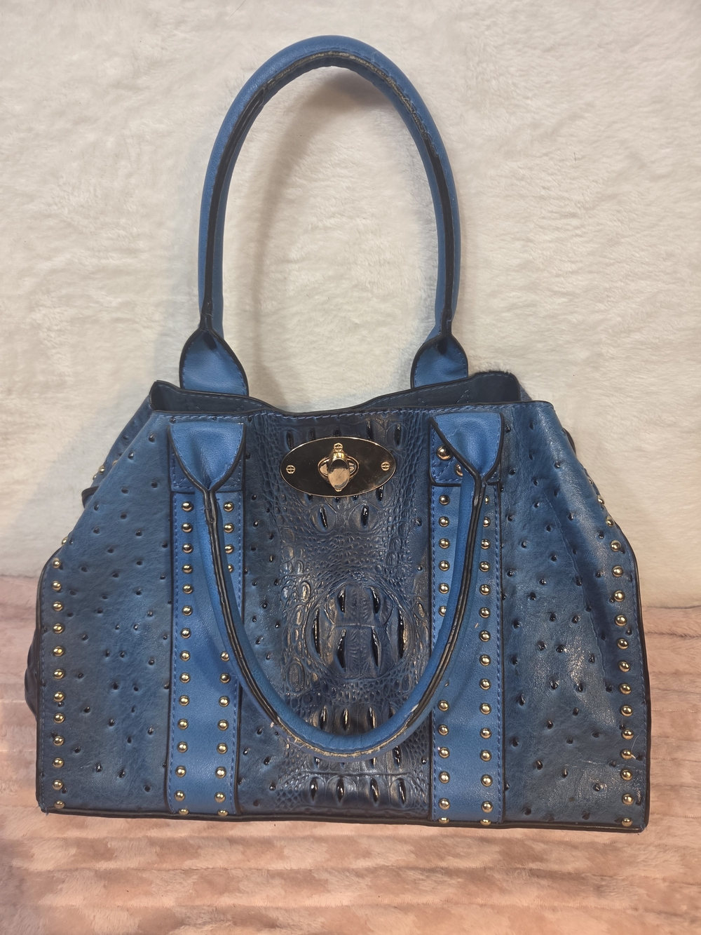Blue Textured Tote Handbag with Stud Accents